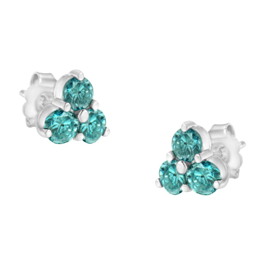 14KT White Gold Treated Blue Diamond Trio Stud Earrings (1 1/3 cttw, Blue)