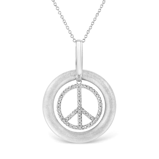 Matte Finish .925 Sterling Silver Diamond Accent Dancing Peace Sign 18" Pendant Necklace (I-J Color, I1-I2 Clarity)