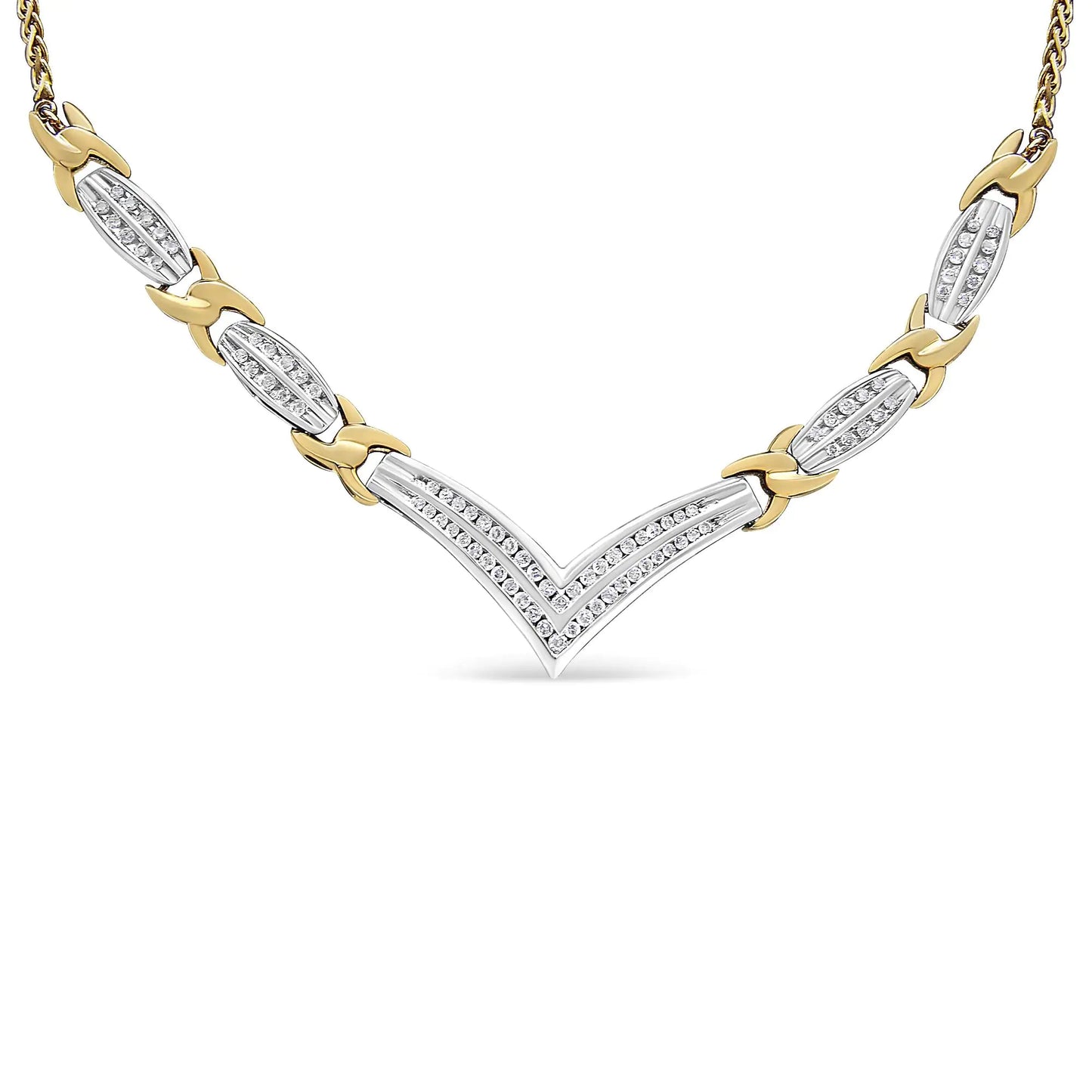 10K Yellow and White Gold 1.0 Cttw Round and Princess cut Diamond "V" Shape Statement Necklace (I-J Color, I1-I2 Clarity)