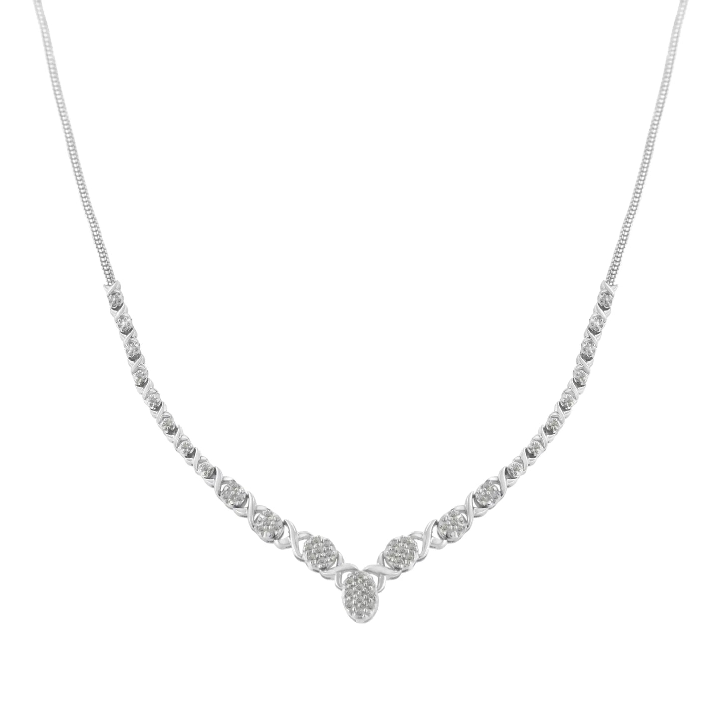 .925 Sterling Silver 1/2 cttw Prong Set Round Diamond Graduated Cluster 18" Statement Necklace (I-J Color, I3 Clarity)